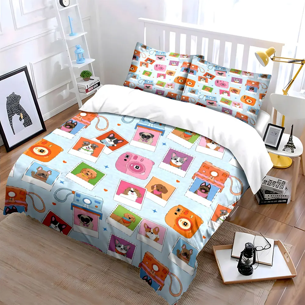 Cute Dogs and Cameras Illustration Printed Duvet Cover Set 1 Duvet Cover+2 Pillowcase Multi Size Bedroom Bedding Decor