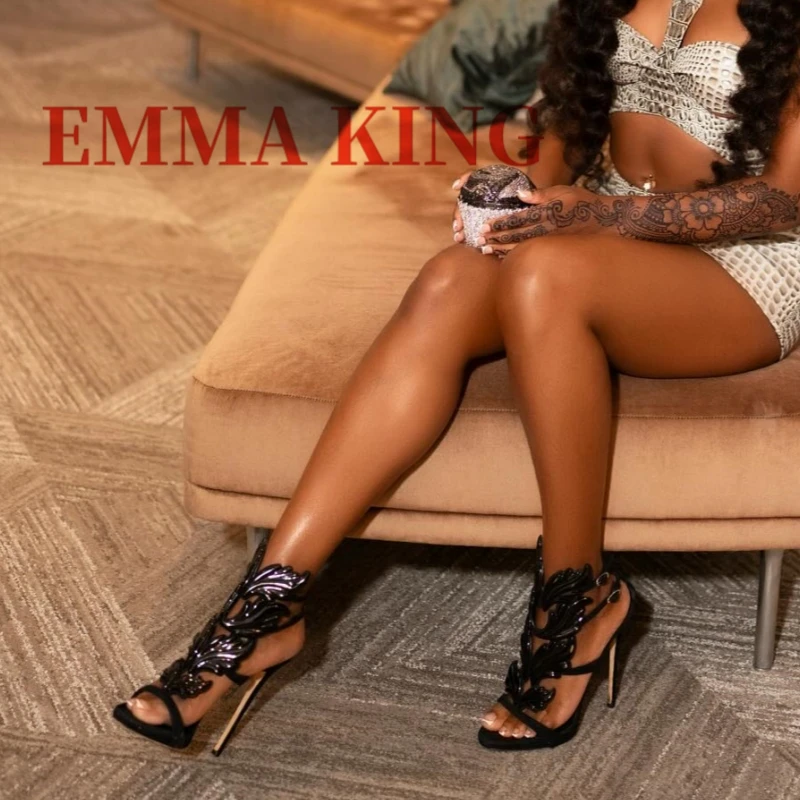 أجنحة سوداء كعب ستيليتو صندل مثير عالية الكعب المفتوحة تو ورقة الصنادل كل مباراة مأدبة حفلة المدرج أحذية نسائية الصيف