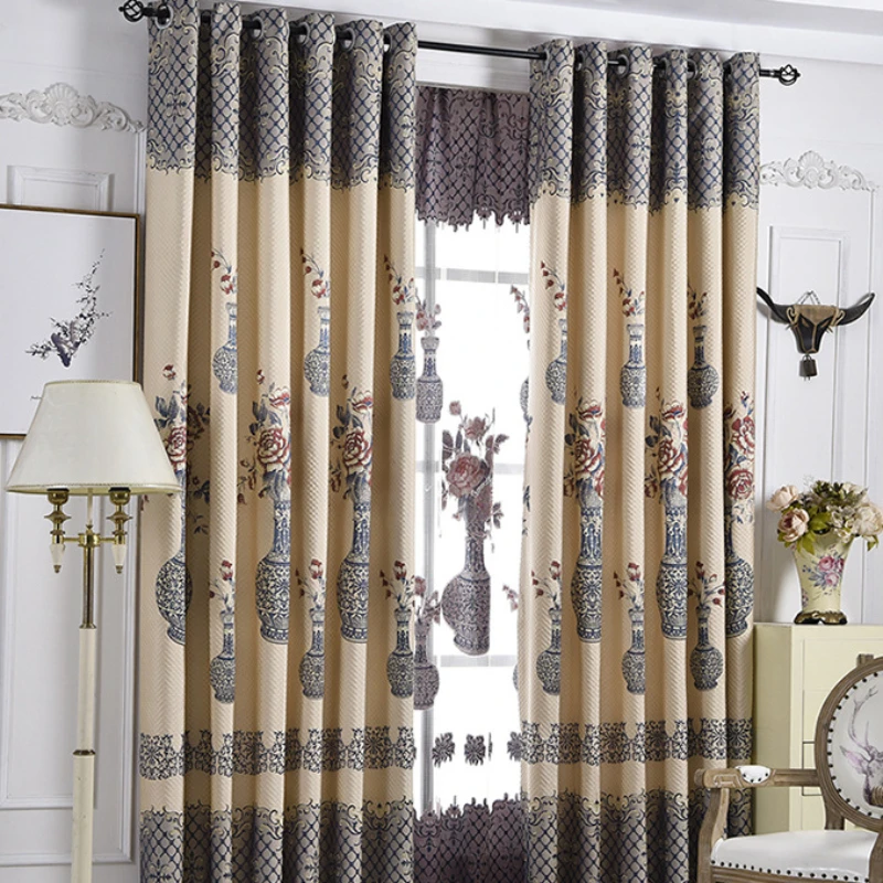 New Chinese Style High-end Living Room and Study Color Woven Jacquard Curtains High Blackout Blue and White Bottle Curtains