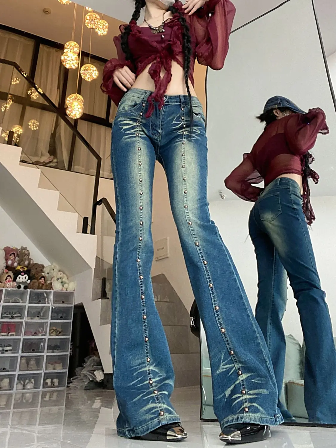 

Micro-Flare Jeans Rivet Splicing American Ins Retro Washed Women'S High Street Design Slim Hot Girl Floor Mopping Pants