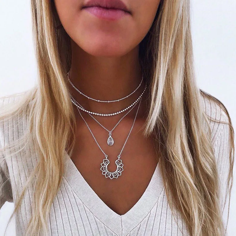 Aihua Vintage multicapa gota de agua Luna bloqueo Hamsa mano cadenas collares para mujeres joyería Color plata colgantes largos collares