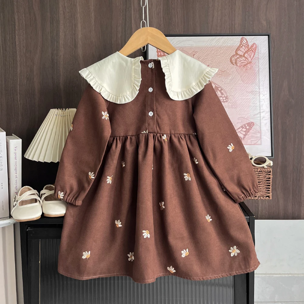 4-7 Year Old Girl Coffee Casual Lapel Long Sleeved Flower Embroidered Dress Countryside Style Autumn New