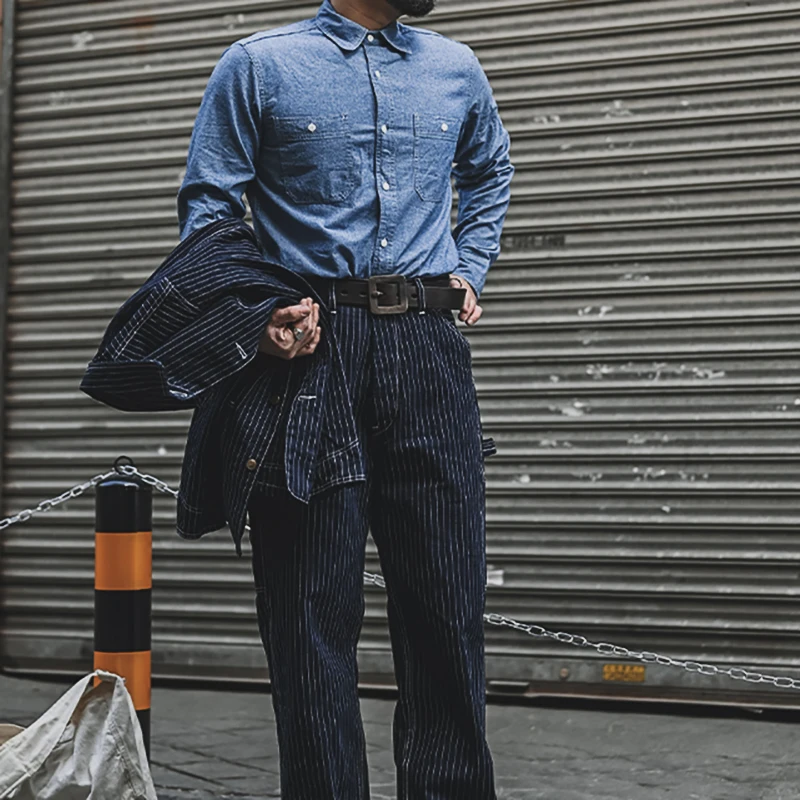 アメリカンレトロクラシックダブルポケットユースデニムシャツメンズカジュアル長袖ワークウェアシャツ春秋の綿のジーンズ