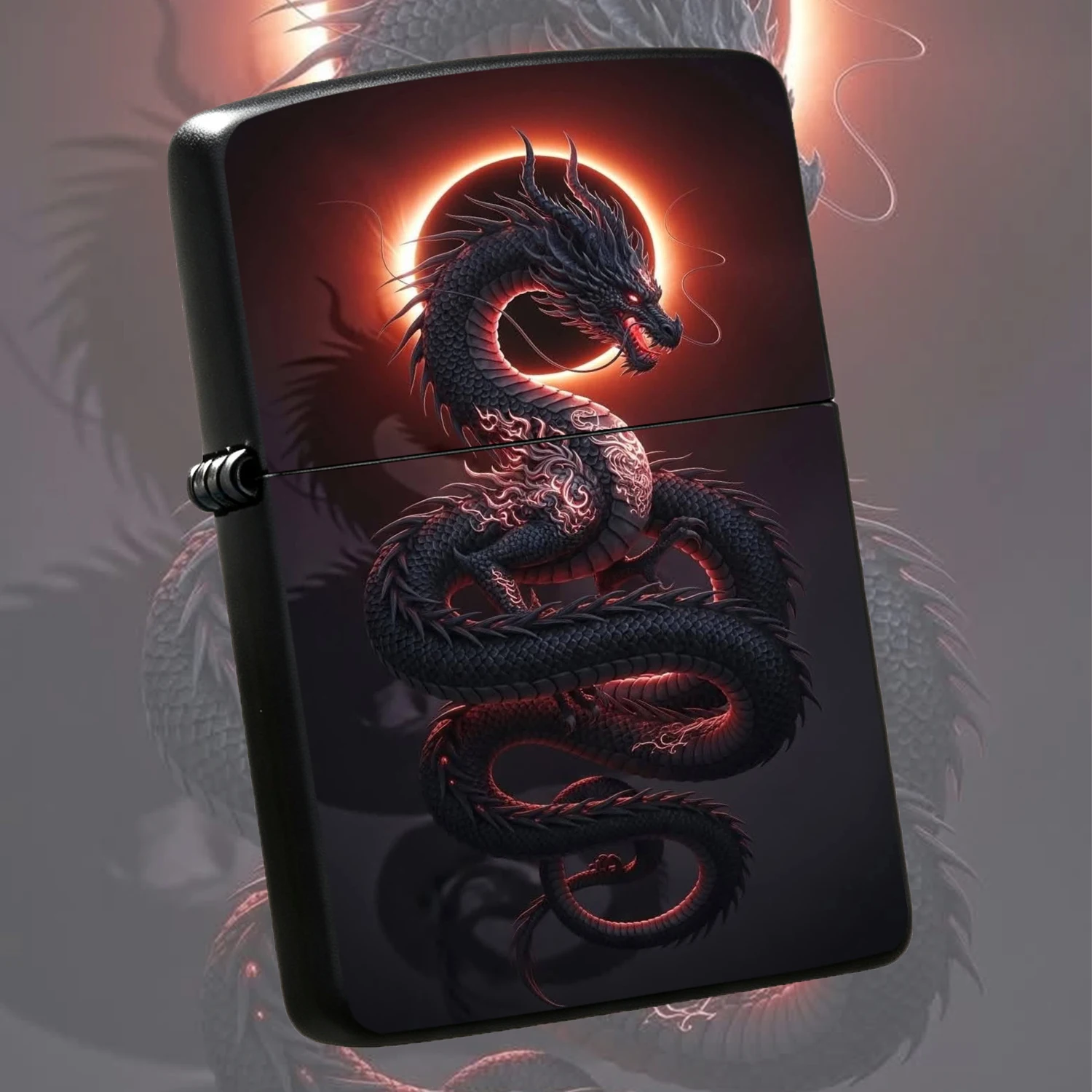 Vintage Black Obsidian Eastern Style Dragon, Exquisite Carved Fiery Eastern Dragon Pattern, Solar Eclipse Red Themed Portable Windproof, Unique Cool Collectible Gift For Men Daily Use A Fun And Humorous Lighter