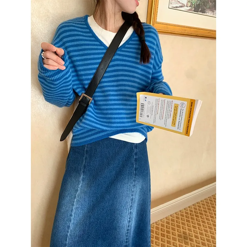 

V-Ne вязаный свитер женский приталенный внутренний топ в полоску в стиле ретро Lazy Sle Spring Faion Commute Sle Long Sve