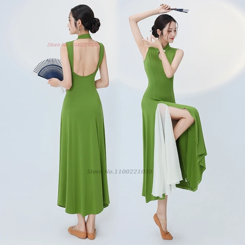 2025 중국 빈티지 댄스 치파오 전통 무대 댄스 치파오 민소매 치파오 댄서 훈련 연습복