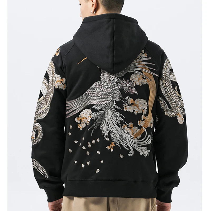 Hip Hop Streetwear Men Hoodie Sweatshirt Men Embroidery Dragon Flower Chinese Kanji Pullover Harajuku Cotton Hooded Hoodie Black