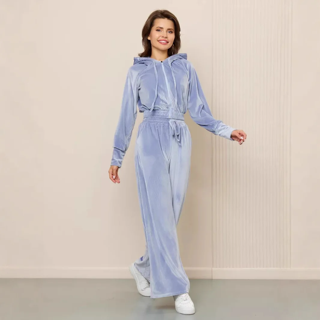 

Long Sleeved Velvet Hooded Cardigan Elastic Waist Wide Leg Pants Ladies Sets Fall Winter Women Casual Sports 2 Piece Pant Set