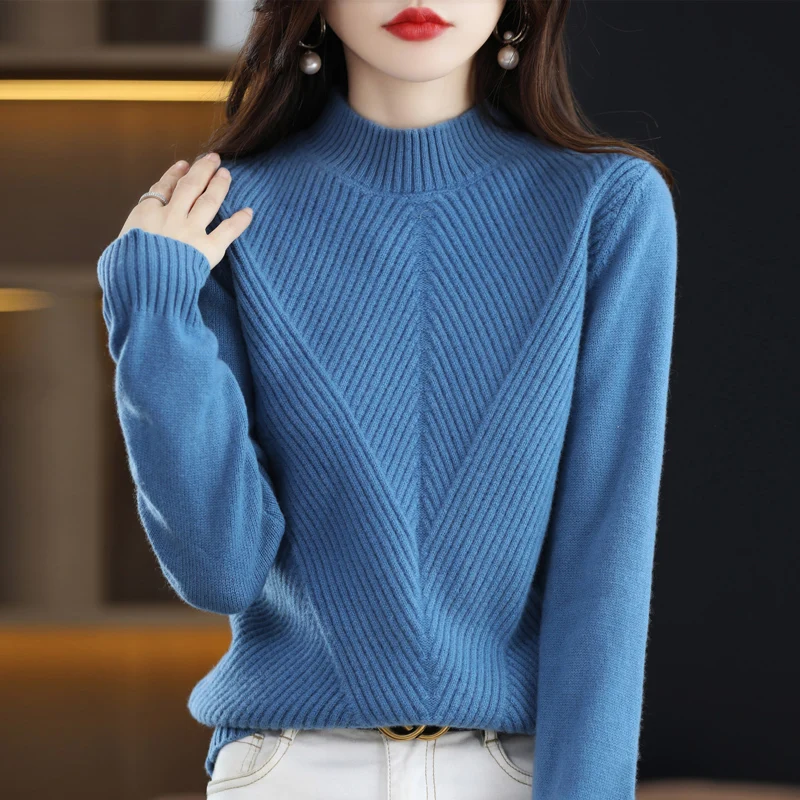 Autumn Winter New Cashmere Sweater Women Keep Warm Half high collar Pullovers Knitting Sweater Fashion Long Sleeve Loose Tops