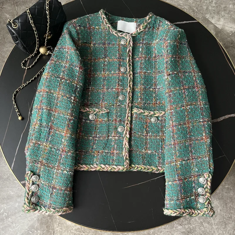 Small Fragrant Green Plaid Tweed Jacket Autumn Winter 2023 New O Neck Long Sleeve Casual Elegant Simple Women Short Coat 1770