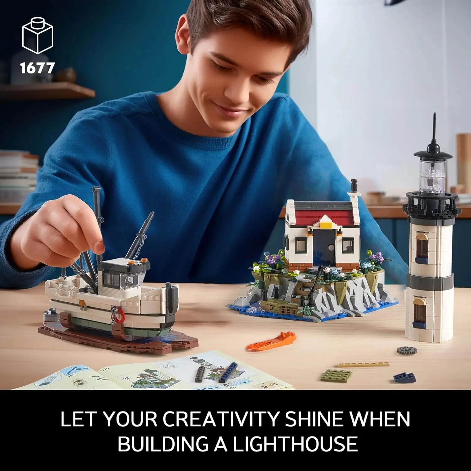 1677PCS faro elettrico Building Blocks Fisherman Rescue Boats faro modello mattoni con luce giocattoli per bambini regali di festa