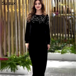 2024 Spring Autumn Abayas For Muslim Women Clothing Elegant Velvet Loong Sleeve Black Maxi Dresses Robe Femme Musulmane Party