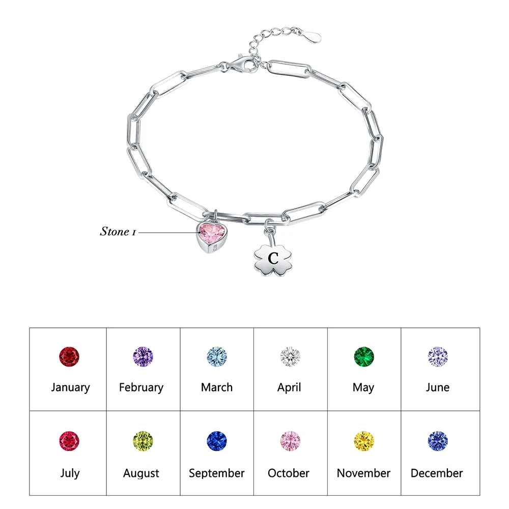 925 Sterling Silver Customized Four Clover Leaf Initial Letter Bracelet Personalized Birthstone Jewelry Birthday Gifts For Women