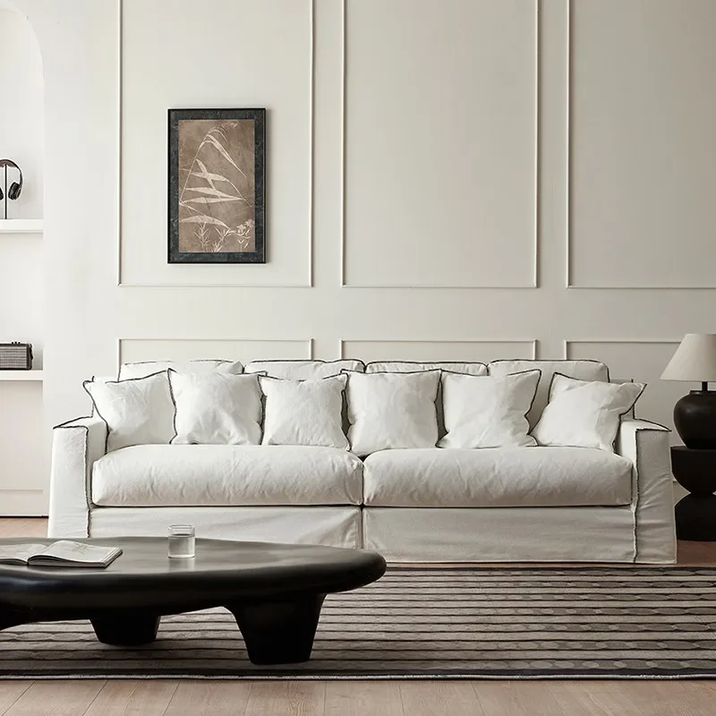 Wabi Silent Wind B & B French Cream Seeking Small Apartment Living Room Straight Row Removable Washing Linen Fabric Sofa Down
