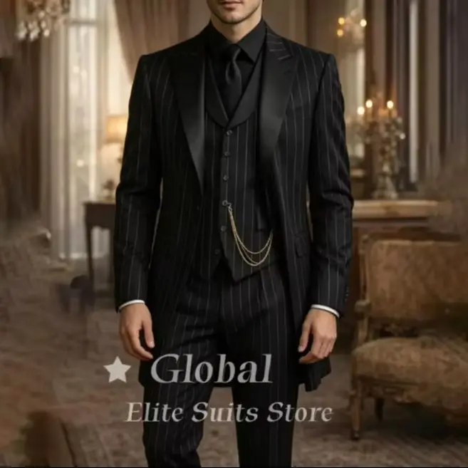 Vintage Black Pinstripe 3 Piece Suit Tailcoat Jacket With Satin Lapel Gentleman Style Formal Wedding Groom Prom Party Customized