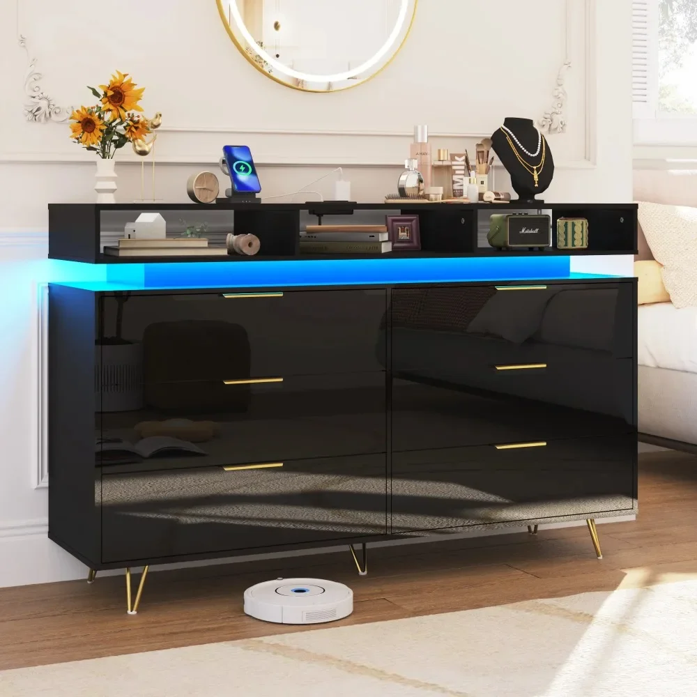 

6 Drawer Dresser with Power Outlet & LED Light, Modern Chest of Drawers for Closet Modern Large Dresser Organizer Cabinet