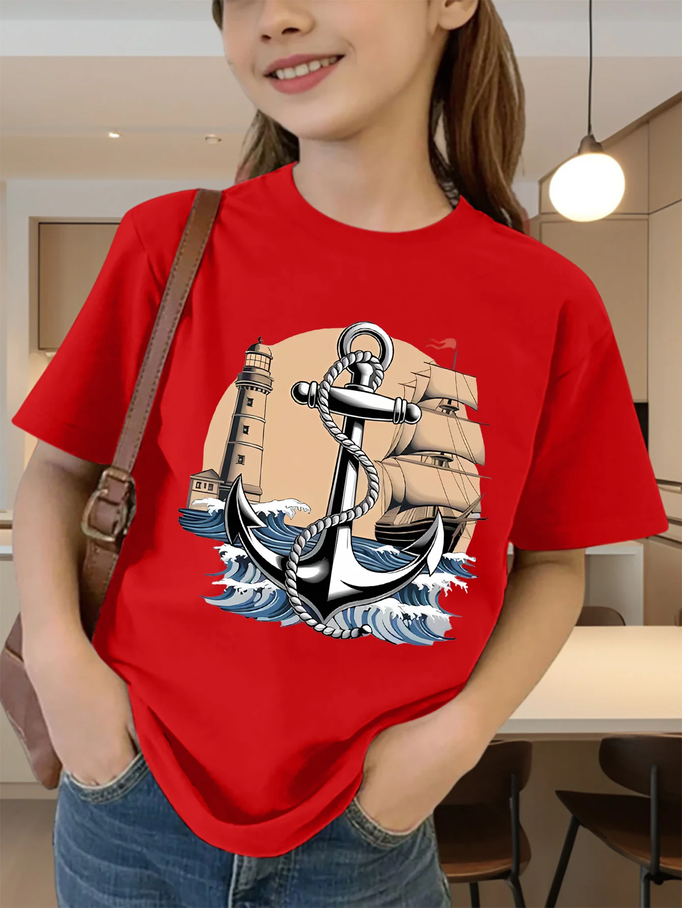 Cute Anchor Lighthouse Sailboat Print Graphic Kids Tee Boys Girls Family Matching Cotton Crew Neck Short Sleeve Soft Summer Tee