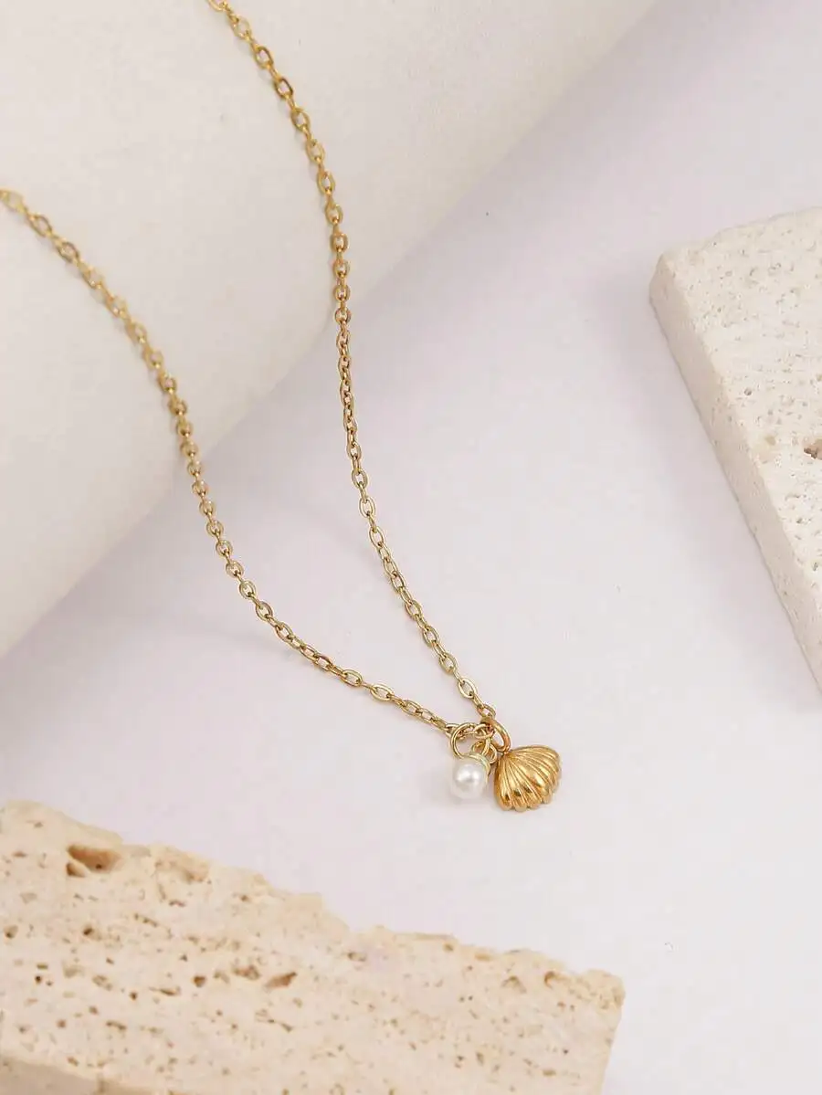 2pcs Seashell Necklace Set For Women Adjustable Starfish Seashell Faux Pearl Pendant Necklace Jewelry For Summer Beach Holiday E view 4