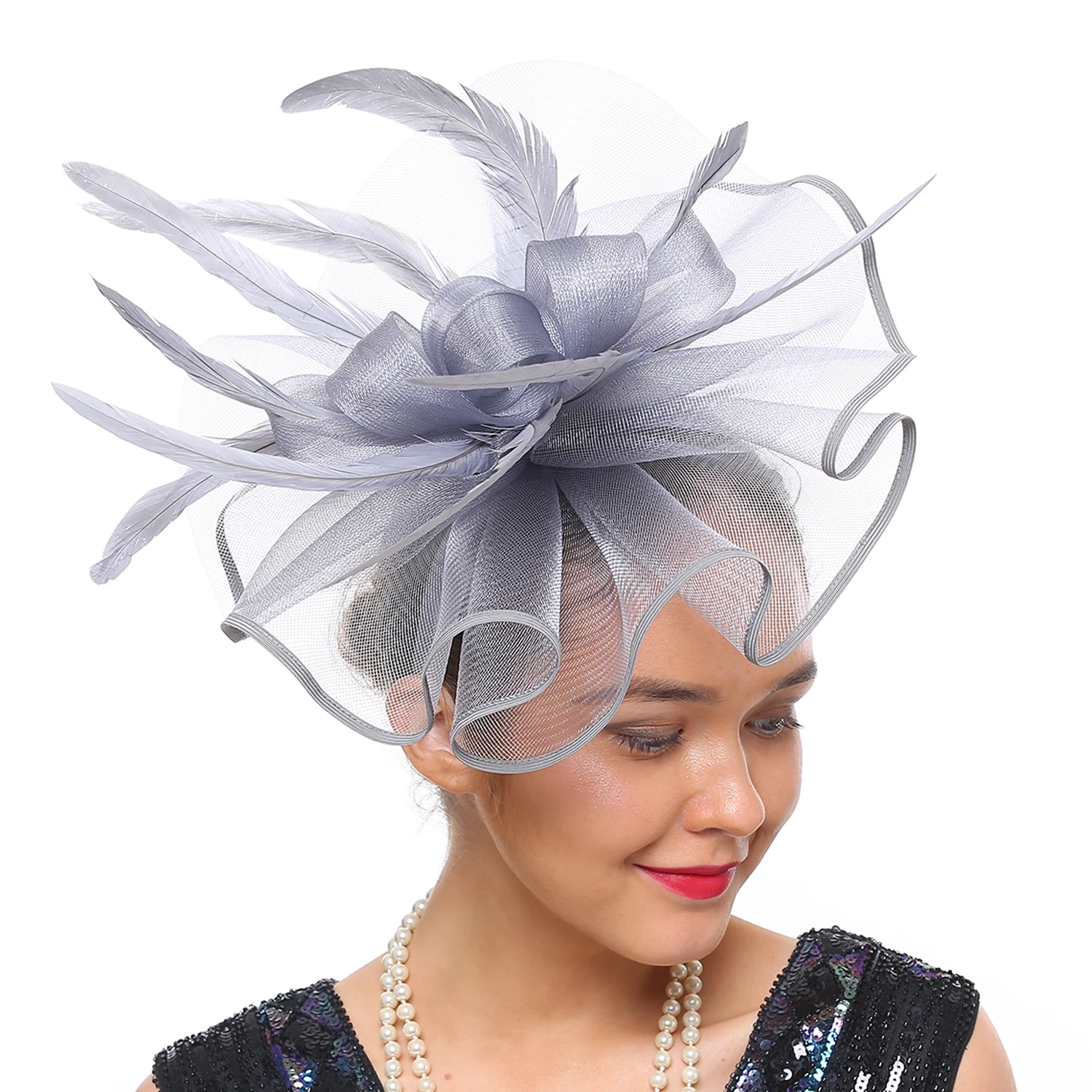 

Wholesale Colorful Masquerade Hair Band's Elastic Mesh Fascinator Headdress Feather Headpieces Bride Headband for Women Ladies