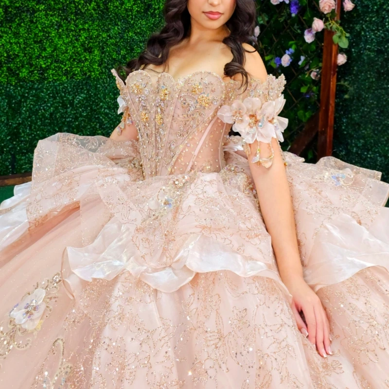 فساتين Quinceanera الوردية اللامعة قبالة الكتف زين زهرة الديكور كريستال القوس تول مشد حفلة عيد ميلاد الحلو 16 فستان #3