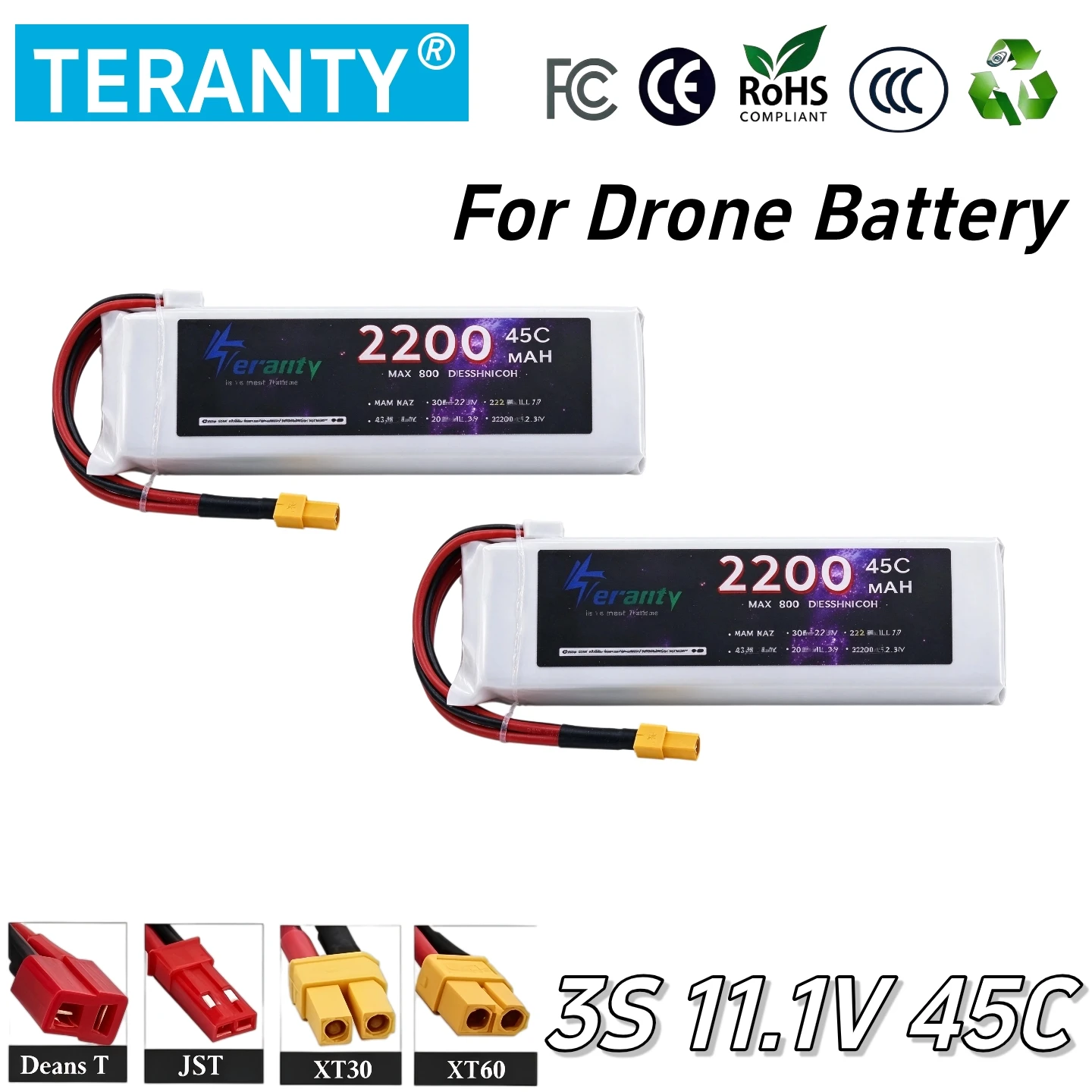 2PCS 3S 2200mAh/3300mAh lithium-ion battery 11.1V LiPo 3S Battery pack XT60/T for aerial drones, replacing toy modules