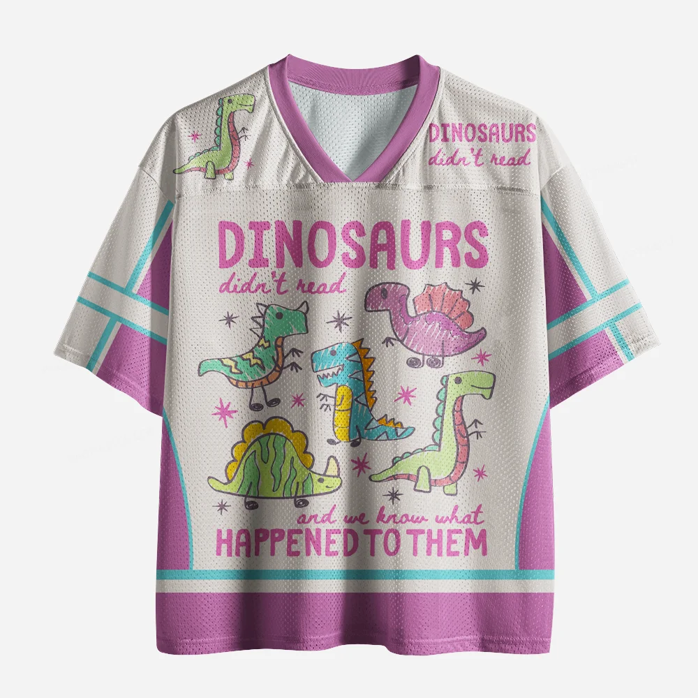 Dinosaur Didn't Read Graphic V Neck Mesh Jersey, Funny Reading Quote Short Sleeve Loose Sports T-Shirt, Kids Cartoon Dinosaur