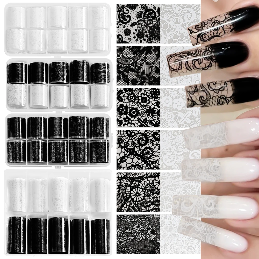 10 rotoli/scatola adesivo per lamina per unghie in pizzo bianco nero foglio di trasferimento fiore decalcomanie per nail art adesivi per manicure decorazione unghie acriliche