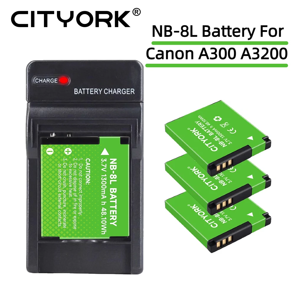 CITYORK 1300mAh NB-8L Battery For Canon A3000 A3100IS A3200 A3300 A2200 Camera Battery With Battery Charger Set