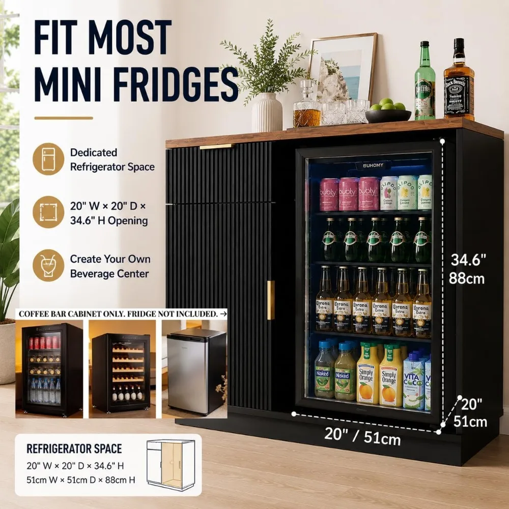 Coffee Bar Cabinet with Mini Fridge Space & Charging Station, Fluted Beverage Center Cabinet with Drawer and Adjustable Shelves,