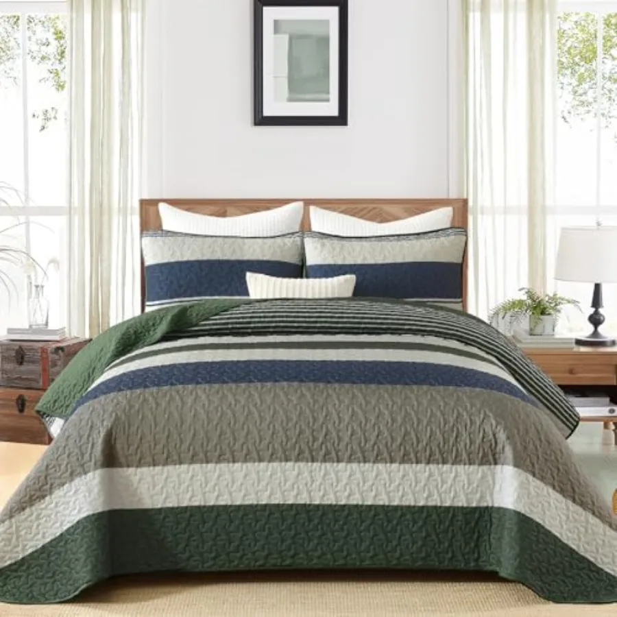 

Boho Quilt SizeOlive Green Striped Bedding Sets Patchwork Bedspread 3 Pieces Lightweight Micofiber Coverlet Sets with 2 Pillows