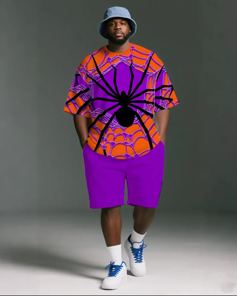 

Big & Tall S-9XL Men's Plus Size Halloween Spider Short-Sleeved T-Shirt and Shorts Two-Piece Set