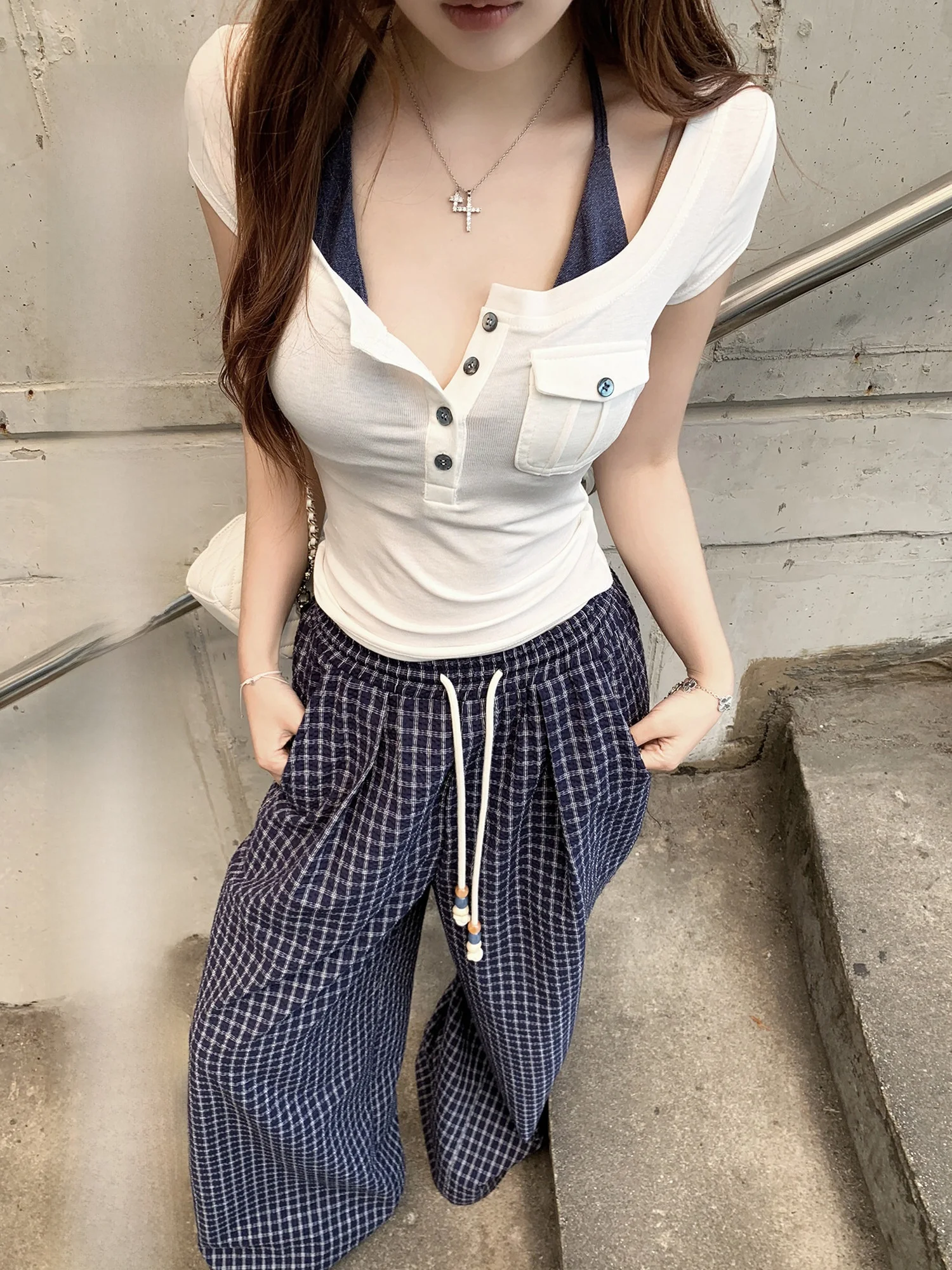 

2toyoung Lazy Sle Женский летний комплект: топ-майка с квадратным вырезом и широкие брюки в клетку, новый комплект с жилетом на бретельках