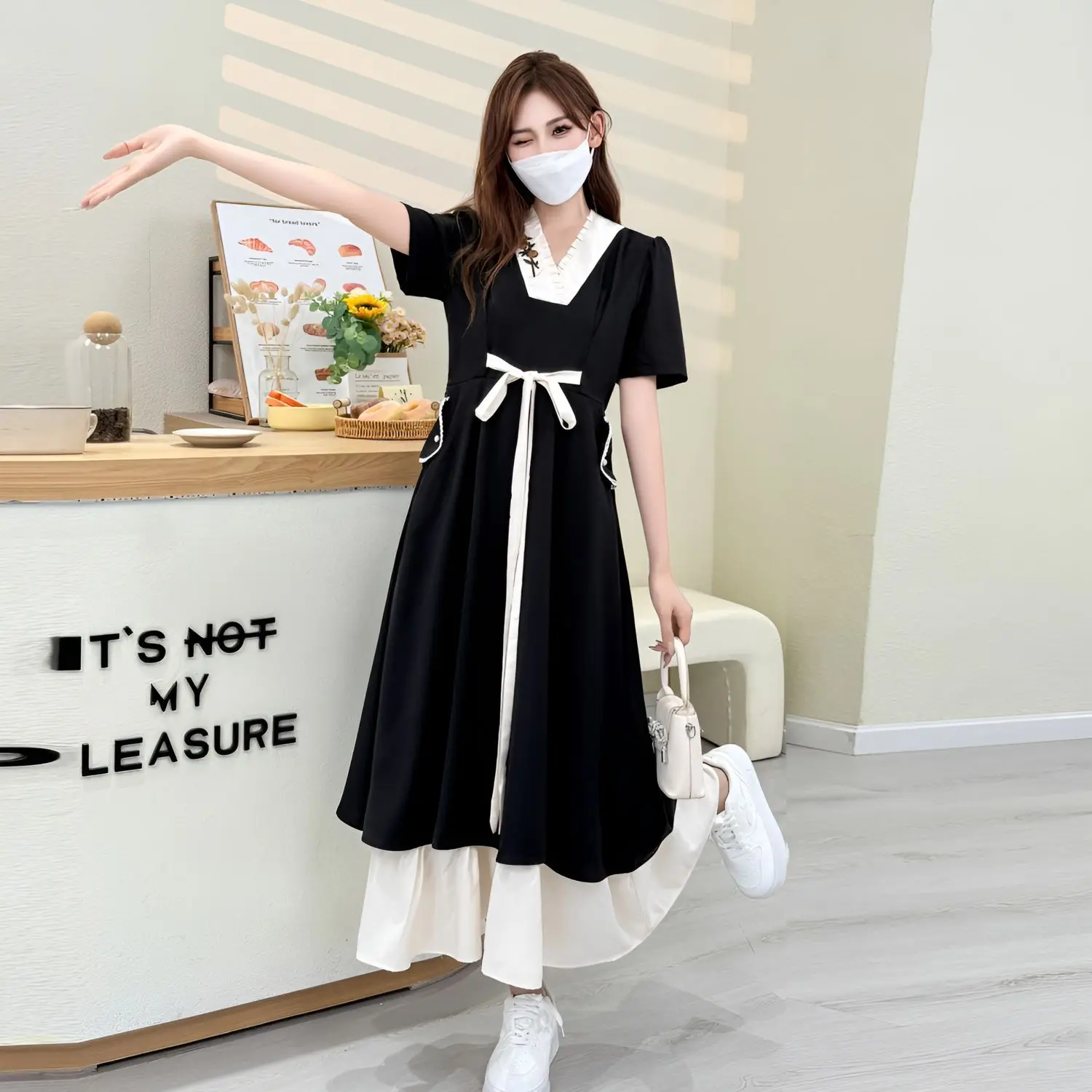 MAGOGO Summer French Style Waste Soil Wind Chinese Long Dress Women Sweet Bow Embroidery V Collar Short Puff Sleeve Black Dress