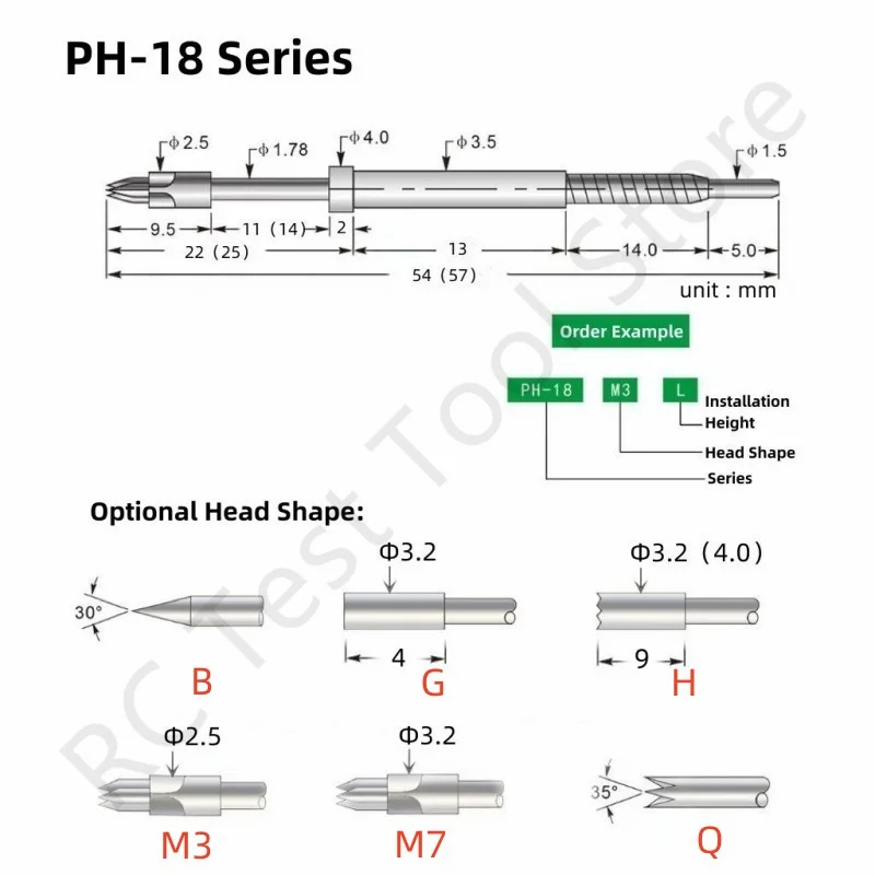 20/50Pcs PH-18B 23L Lengte 54Mm Pcb Spring Test Probe Ict Test Pin Voor Pcb Test B hoofd Rechte Scherpe Tip Hoofd Dia 1.78Mm