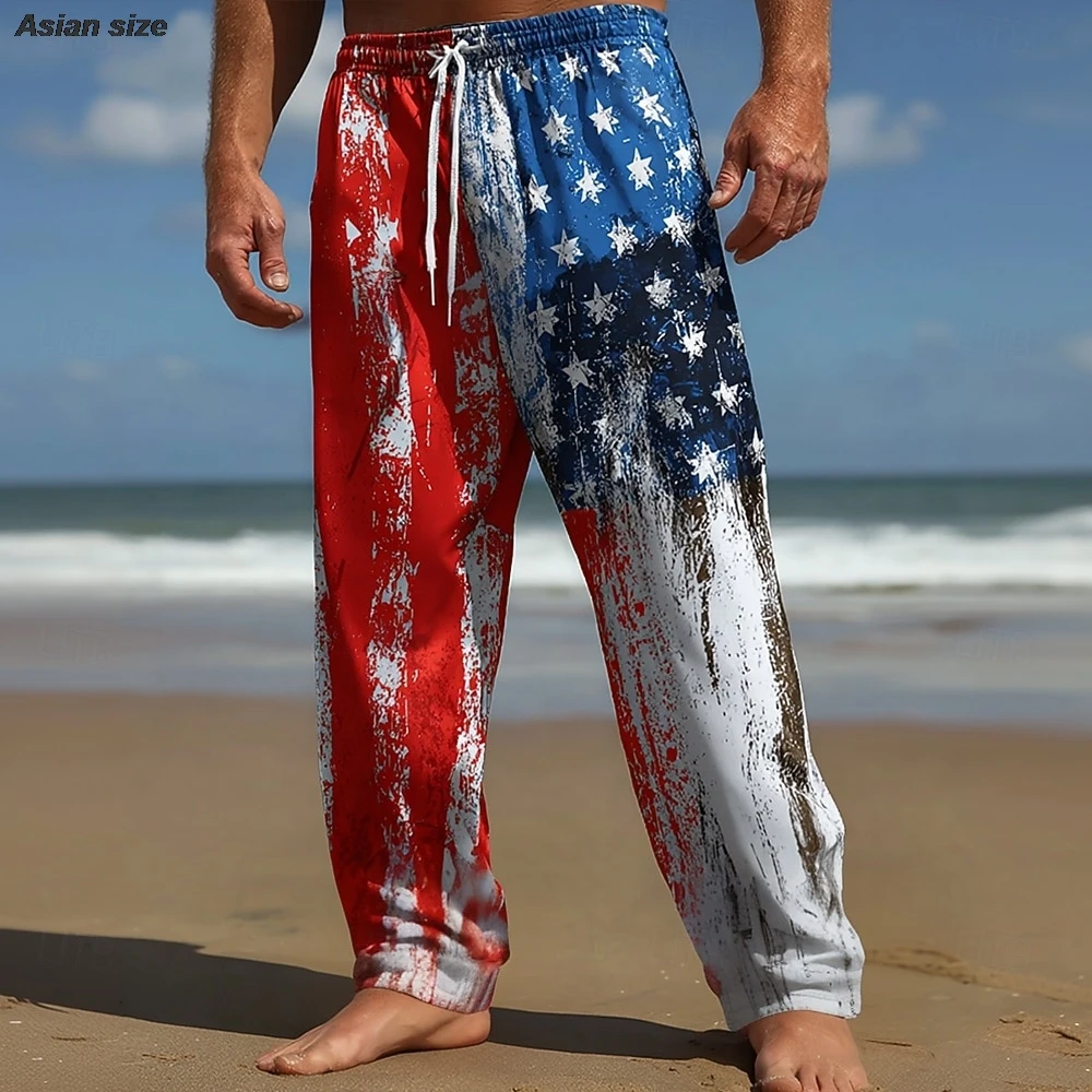 Herren-Hose mit US-Flagge, patriotischer Jahrestag, Baggy-Hose, Freizeithose, mittlere Taille, modisch, lässig, Outdoor, elastisch, Kordelzug in der Taille