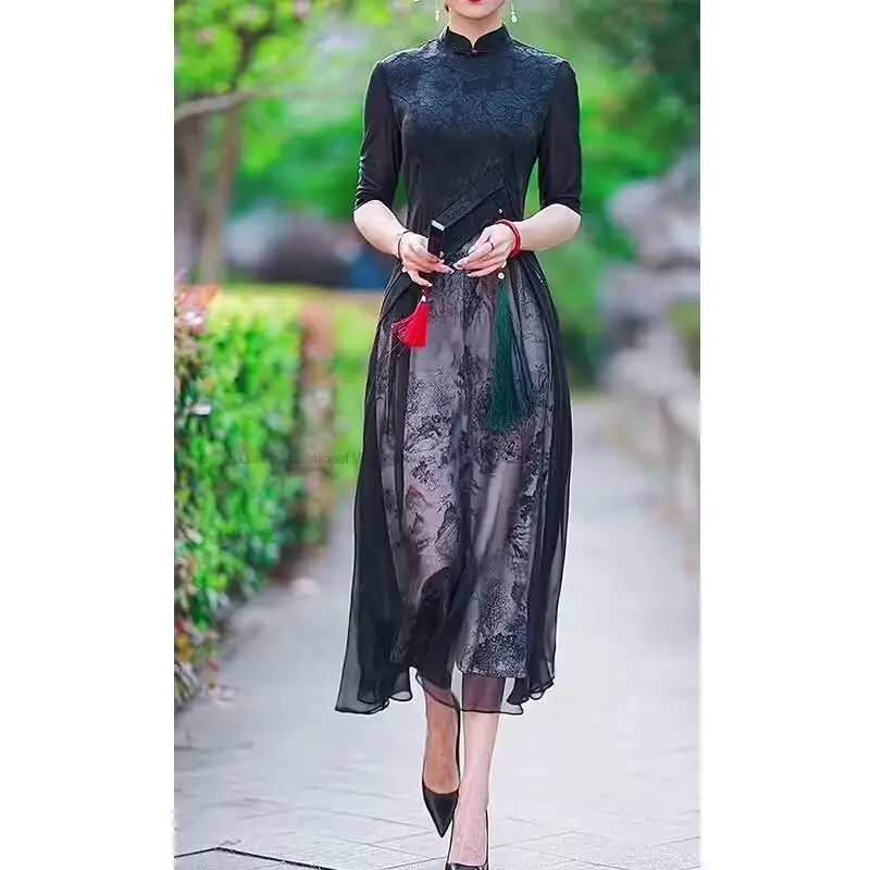 Chinese Summer New Improved Cheongsam Dress Chinese Style Short Sleeves Tassel Dress Stitching Design Qipao Women Clothes