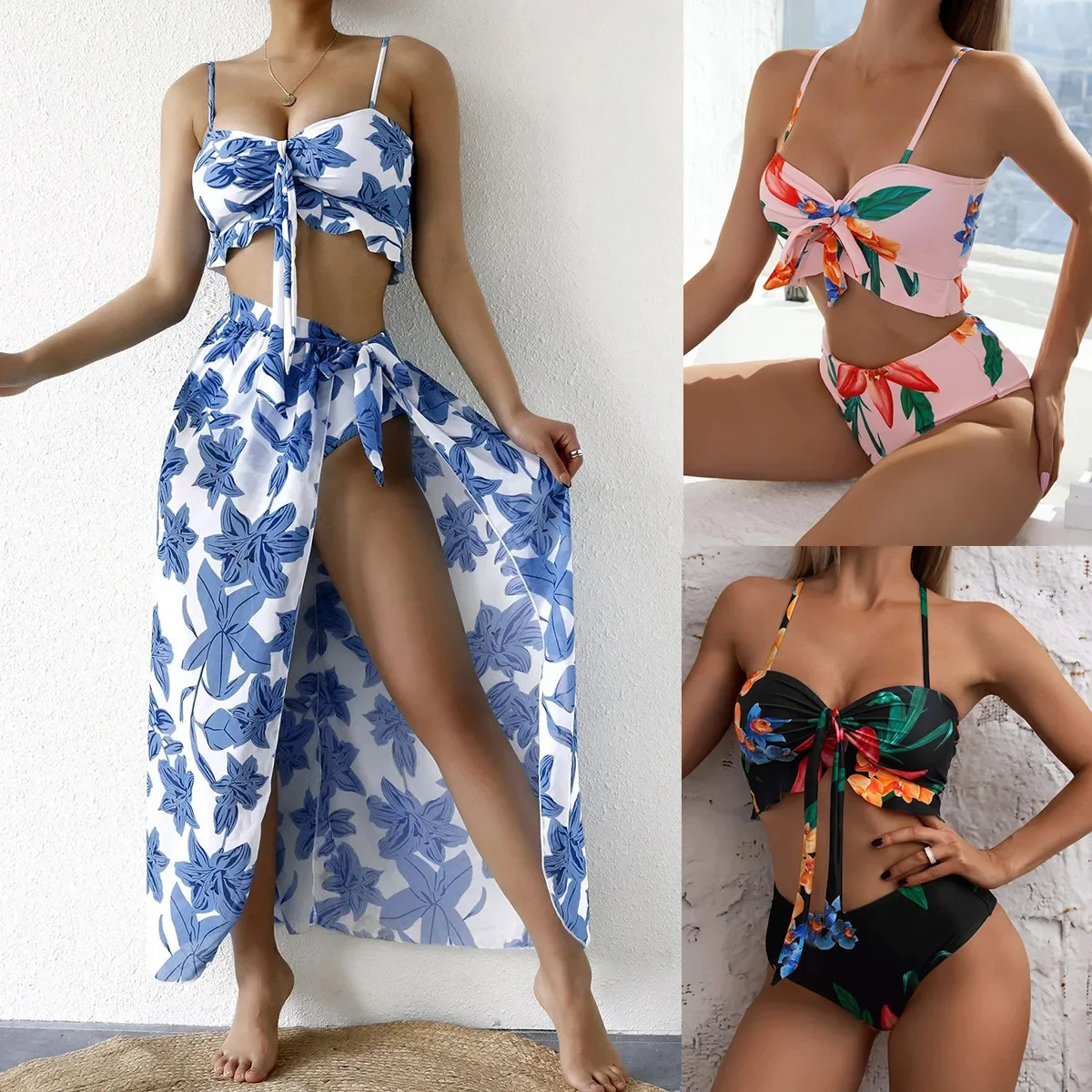 

3 Pieces Floral Print Knot Front Bikinis 2025 Women Ruffle Swimwear Female High Waist Swimsuit With Beach Skirt Bathing Suit