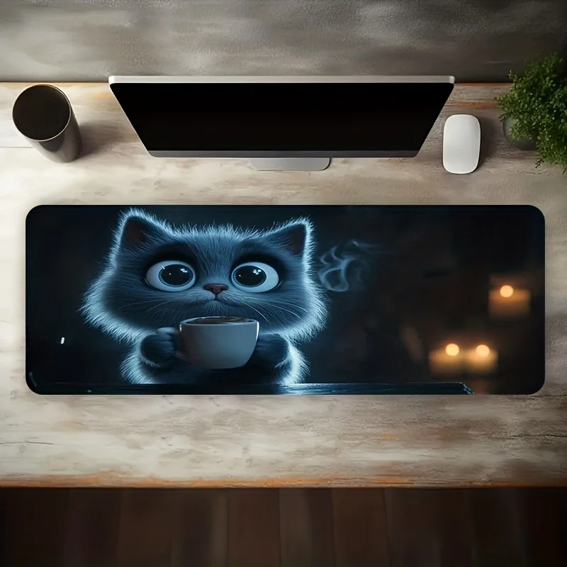 Cute Glowing Cat Coffee Large Gaming Mouse Pad Non-Slip Rubber Desk Mat Extra Large Computer Mat