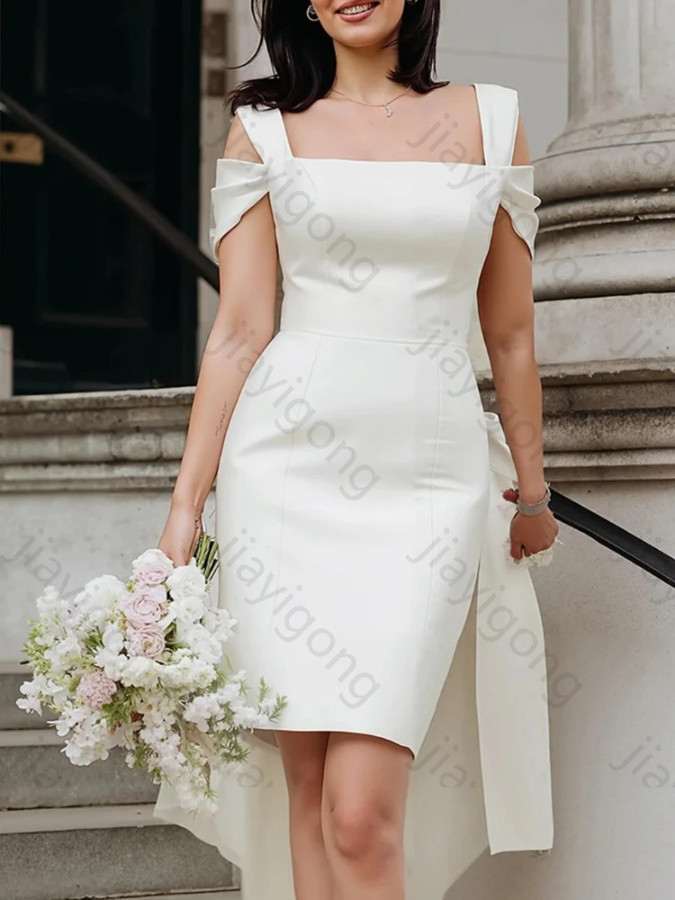 エレガントなホワイトコールドショルダーシースミニウェディングドレスブライダルドレス絶妙な高品質プロムパーティードレス女性用カスタマイズ