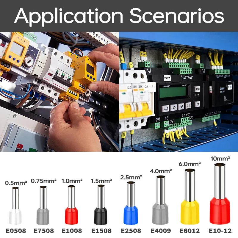 100PCS Tubular Crimp Terminals Electrical Wire Cable Ferrules Connectors E0508 E7508 E1008 E1508 E2508 E4009 E6012 Ring Sleeve