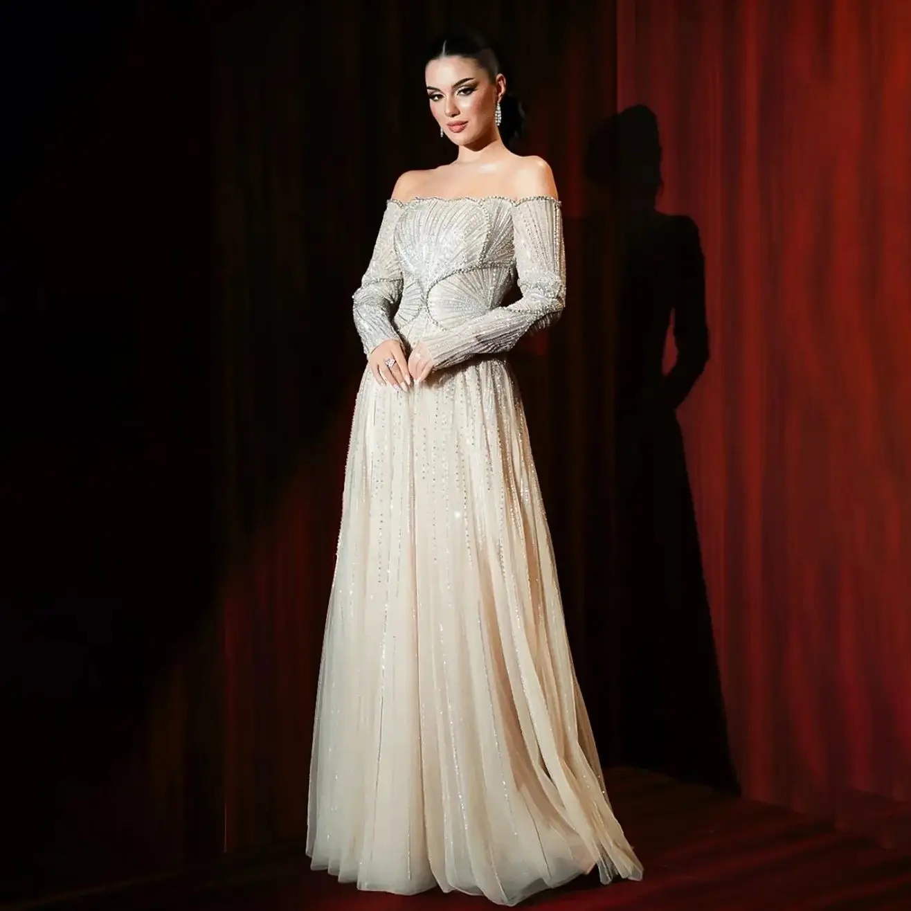 

Ofherown Luxury Beaded Champagne Off-the-Shoulder Evening Gown with Lace-Up Back Sparkly A-Line Long Sleeves Prom Dress 2026