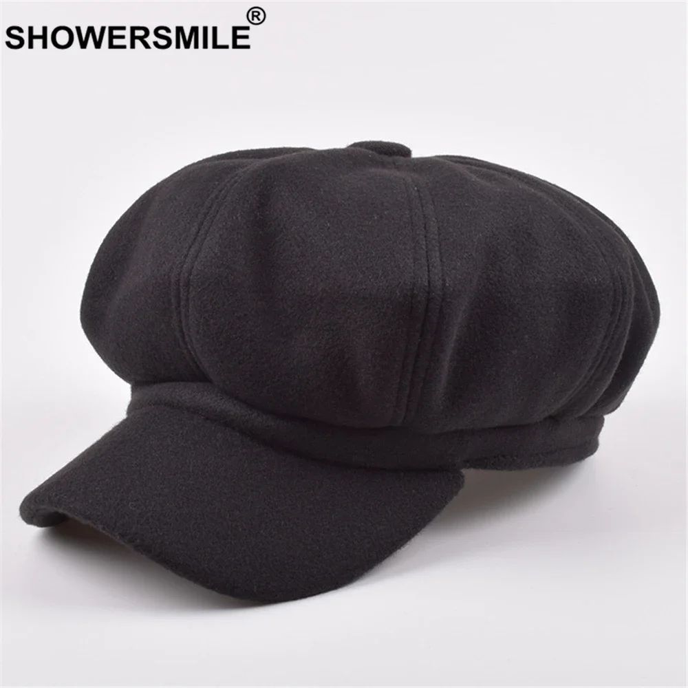 SHOWERSMILE Female Beret Wool Newsboy Cap Red Hats for Women Khaki Ladies Baker Boy Hat Autumn Winter Vintage Octagonal Cap