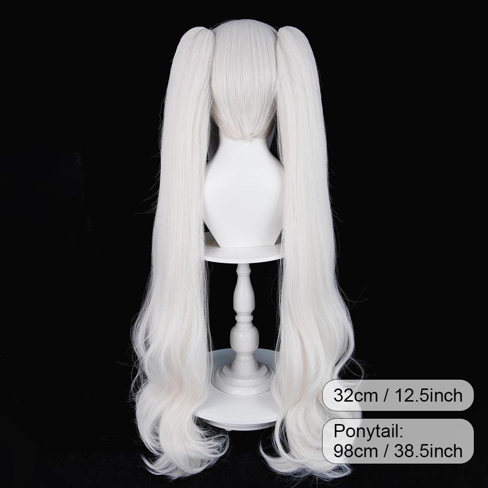 Short Straight White Synthetic Wigs with Bangs Long Double Ponytail Clip Anime Game Cosplay Fluffy Wig for Daily Party view 2