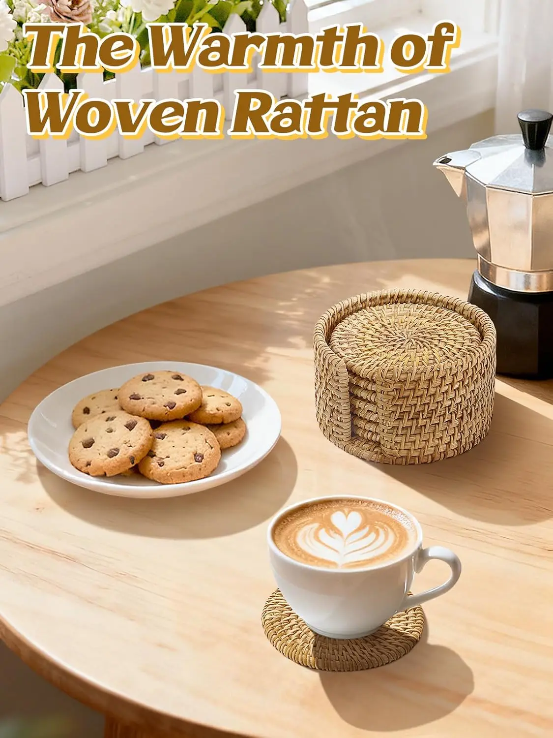 6-piece natural handcrafted rattan coasters and trays set - Rattan set of drink coaster pads for protecting the tabletop