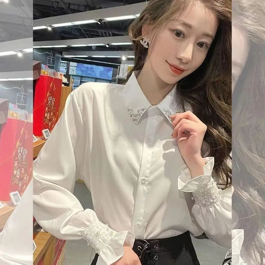 Spring and Autumn Woman Clothing Sunscreen Shirt Outerwear Chiffon Tops Flare Sleeve Diamonds Temperament Grace Niche Classy Ins