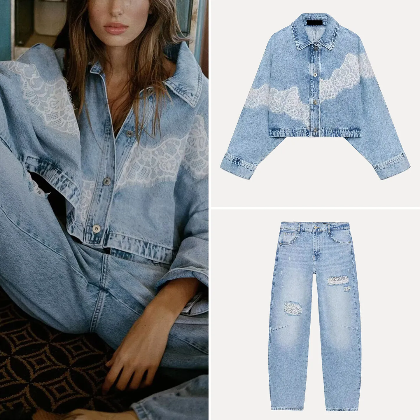 

Женский модный комплект Zadata: укороченная джинсовая куртка с рваными элементами и длинные брюки, весна 2026