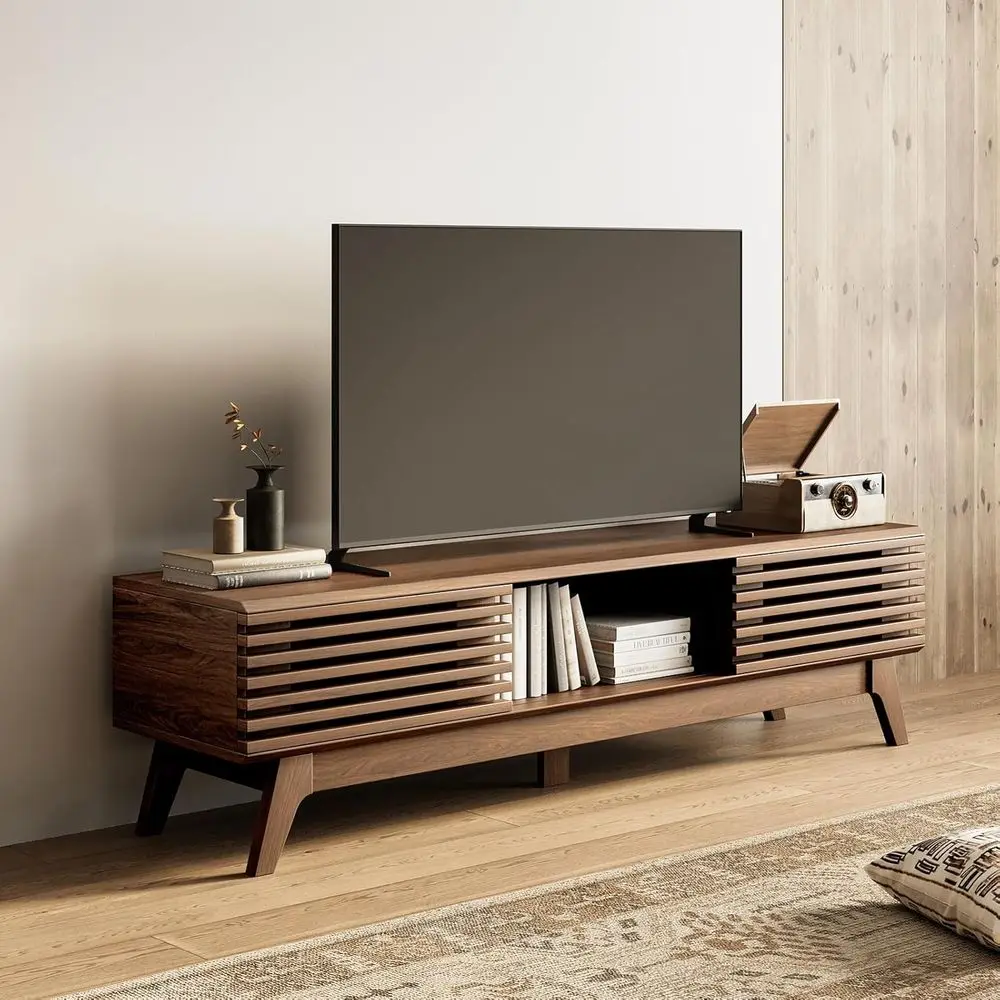59" TV Stand, Media ole or TVs up to 65", Walnut | -Century ern Design, luted Sliding Do, Storage Cabi, Cable Management, Media