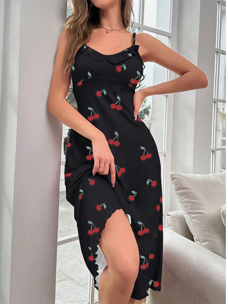 Hot Selling Cherry Print Mid Length Dress Elegant Sexy And Comfortable For Women England Style Temperament Girl Dresses New GLMB