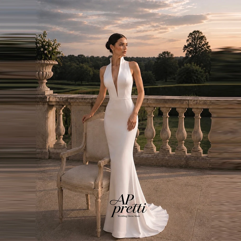 AP pretti Ivory Satin Wedding Dresses Deep V Neck Customized Bridal Gown Mermaid Trumpet Sleeveless Floor-Length Wedding Party
