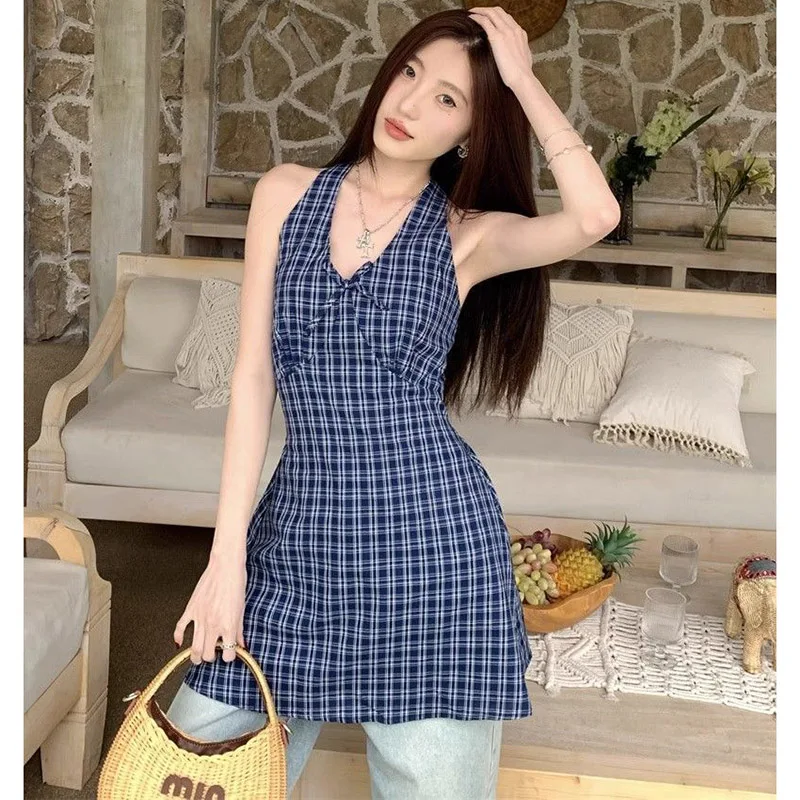 2026 Damen Sommer Vintage Minikleid – Neues modisches, sexy V-Ausschnitt Blaues Karo-Kurzkleid für Frauen – Süßes, lebendiges Date-Kleid